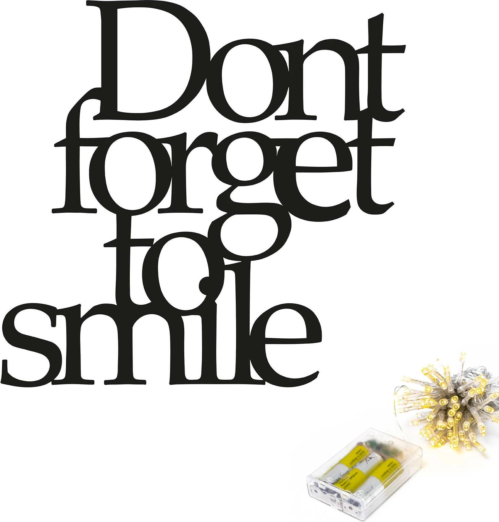 Aksesor dekorativ metalik për mur, 'Dont Forget To Smile', 67x70cm, i zi, me drita LED