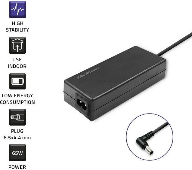 Furnizues energjie Qoltec 51029 për monitor LG/Samsung, 65W, 19V, 3.42A, 6.5x4.4 mm, me kabllo, zi