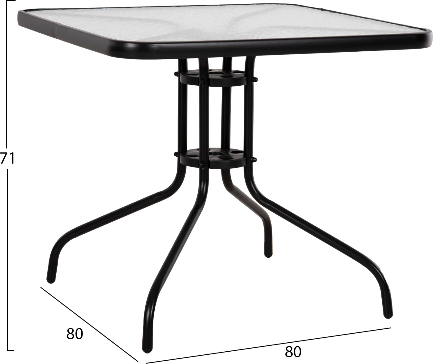 Tavolinë e jashtme katrore FIGO FH5972.03, metalike e zezë me sipërfaqe tavoline prej xhami, 80x80x71 cm