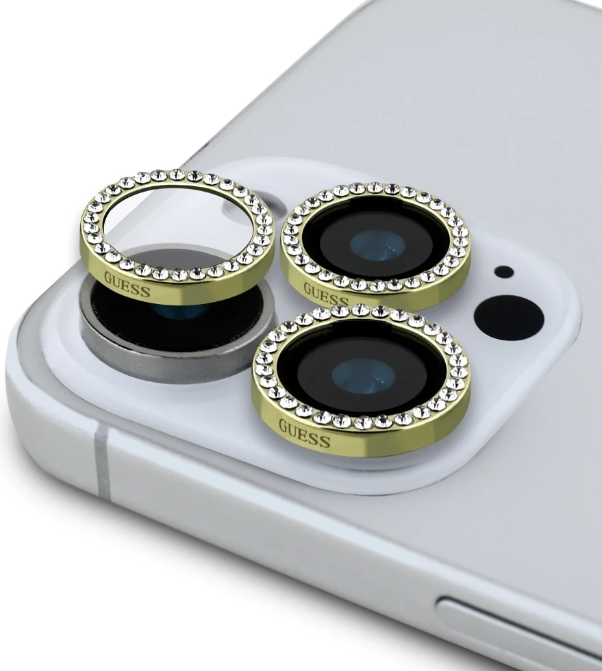 Mbështjellës xhami Guess BP Rhinestone 2in1 për ekran dhe kamera, për iPhone 16 Pro Max, Gold