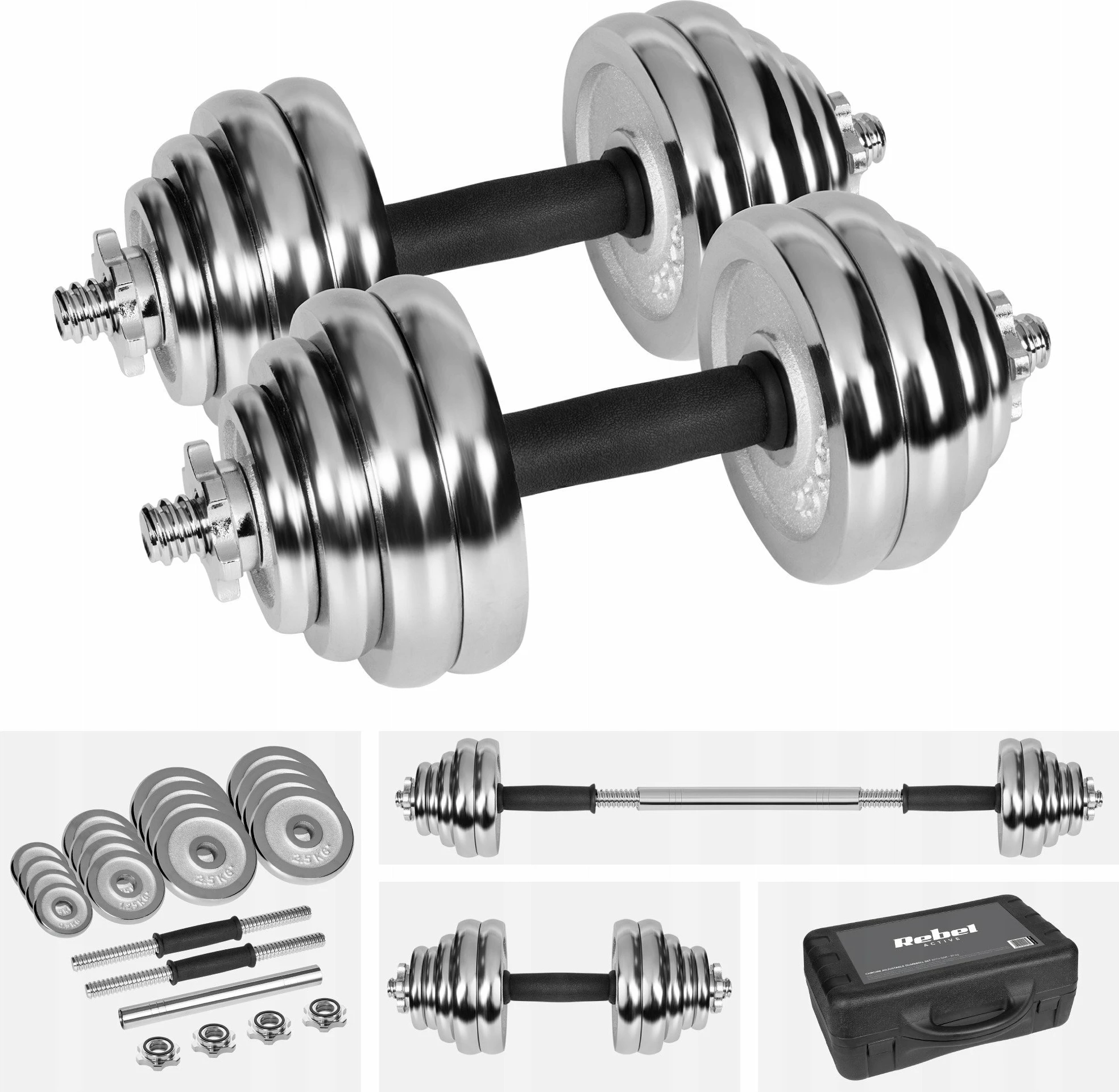 Set hantelash të rregullueshme Rebel Active RBA-2326-30 30 kg me shtangë lidhëse dhe valixhe, krom