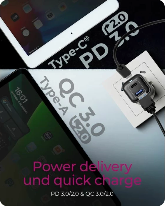 Karikues ICYBOX IB-PS1020-PD 20W, USB-C PD + USB-A, i zi, set 1 copë
