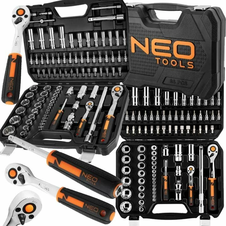 Set veglash NEO 10-060, 86 copë, 1/2" & 1/4" ratchet, kasetë plastike, zi/portokalli