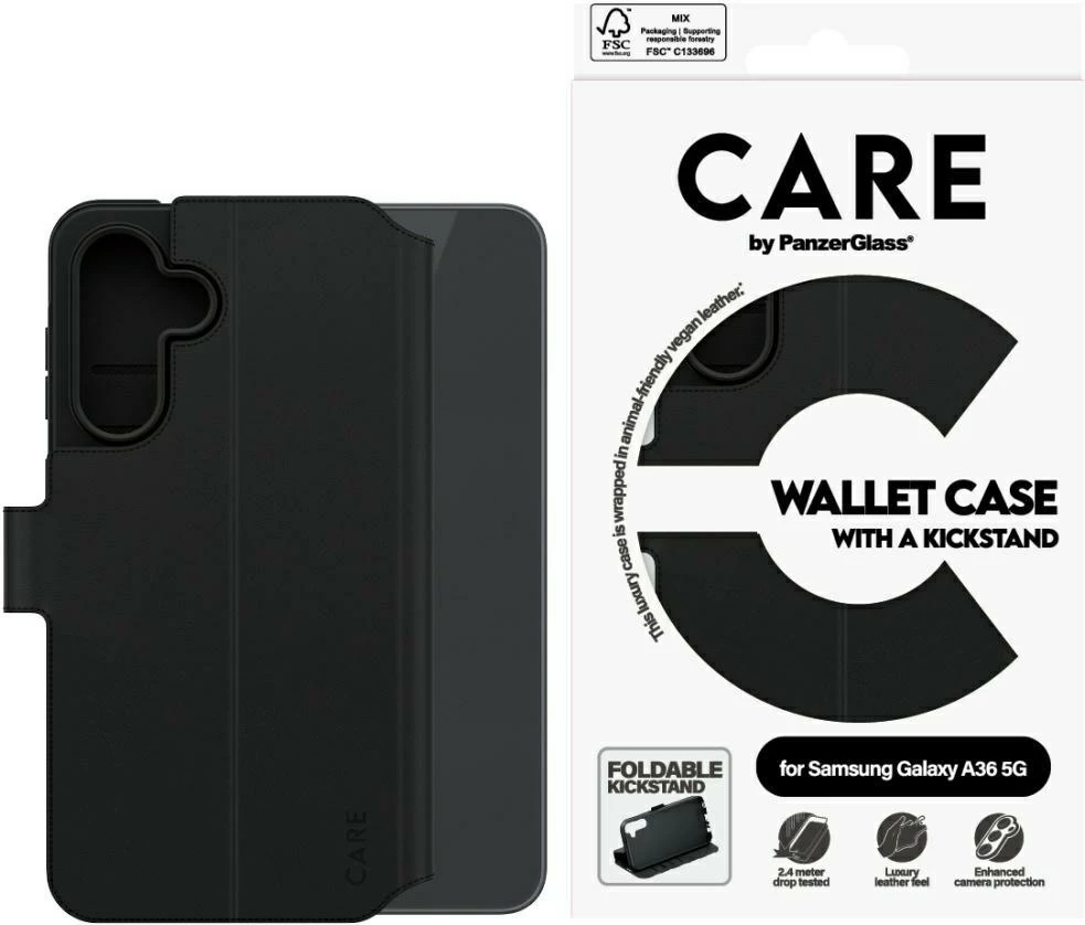Mbështjellës PanzerGlass CARE Feature Wallet Kickstand për Samsung Galaxy A36 5G, Zi