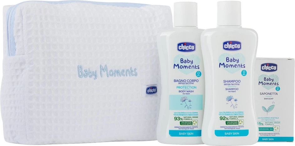 Set kozmetike për fëmijë Chicco Baby Moments Blue, 200ml + 200ml + 100g