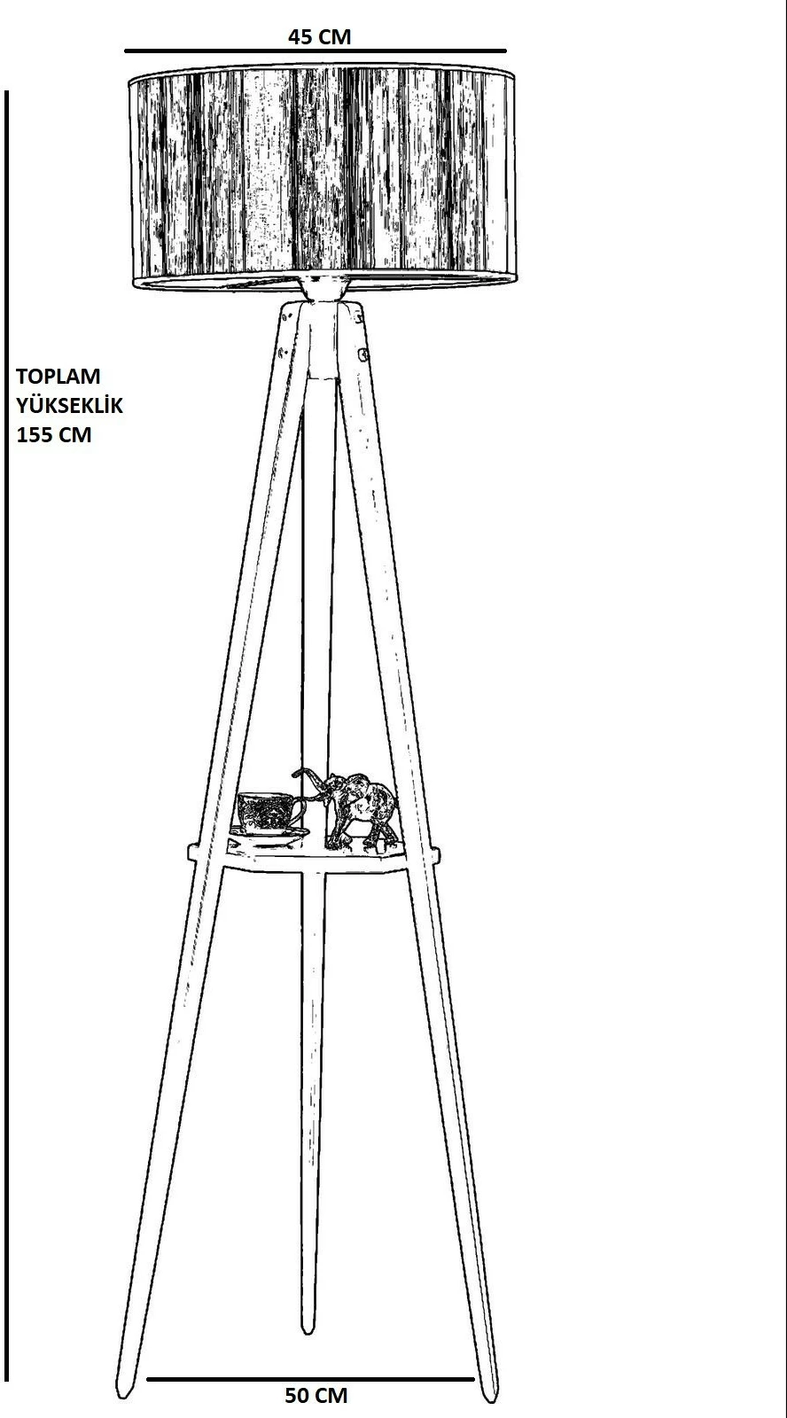 Llambë dyshemeje Opviq, tripod me rafte, abazhuri cilindrik i zi
