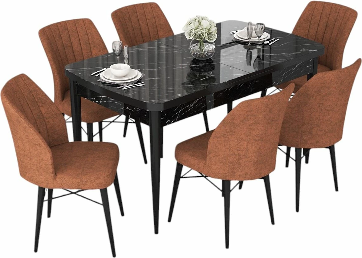 Tavolinë me karrige, zgjatshme, 7 copë, Skye Decor, sipërfaqe mermeri të zi, karrige ngjyrë të kuqe tile
