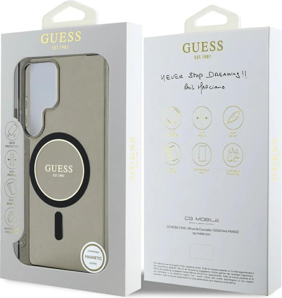 Mbështjellës Guess Glitter Circle Classic Logo MagSafe për Samsung Galaxy S25 Ultra, zi