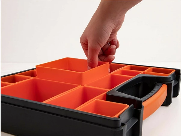 Kuti organizimi DeLOCK, 14 ndarje, 312 x 272 x 60 mm, plastike, zezë/portokalli