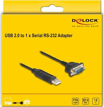 Adapter USB në RS-232 DeLOCK FT232R, kabllo 1.8 m, USB-A në DB9, i zi