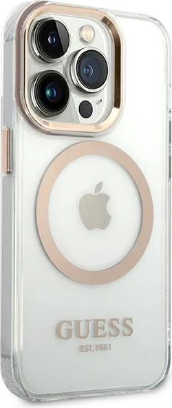 Mbështjellës Guess GUHMP14LHTRMD për iPhone 14 Pro 6.1", Metal Outline Magsafe, Transparent/Gold