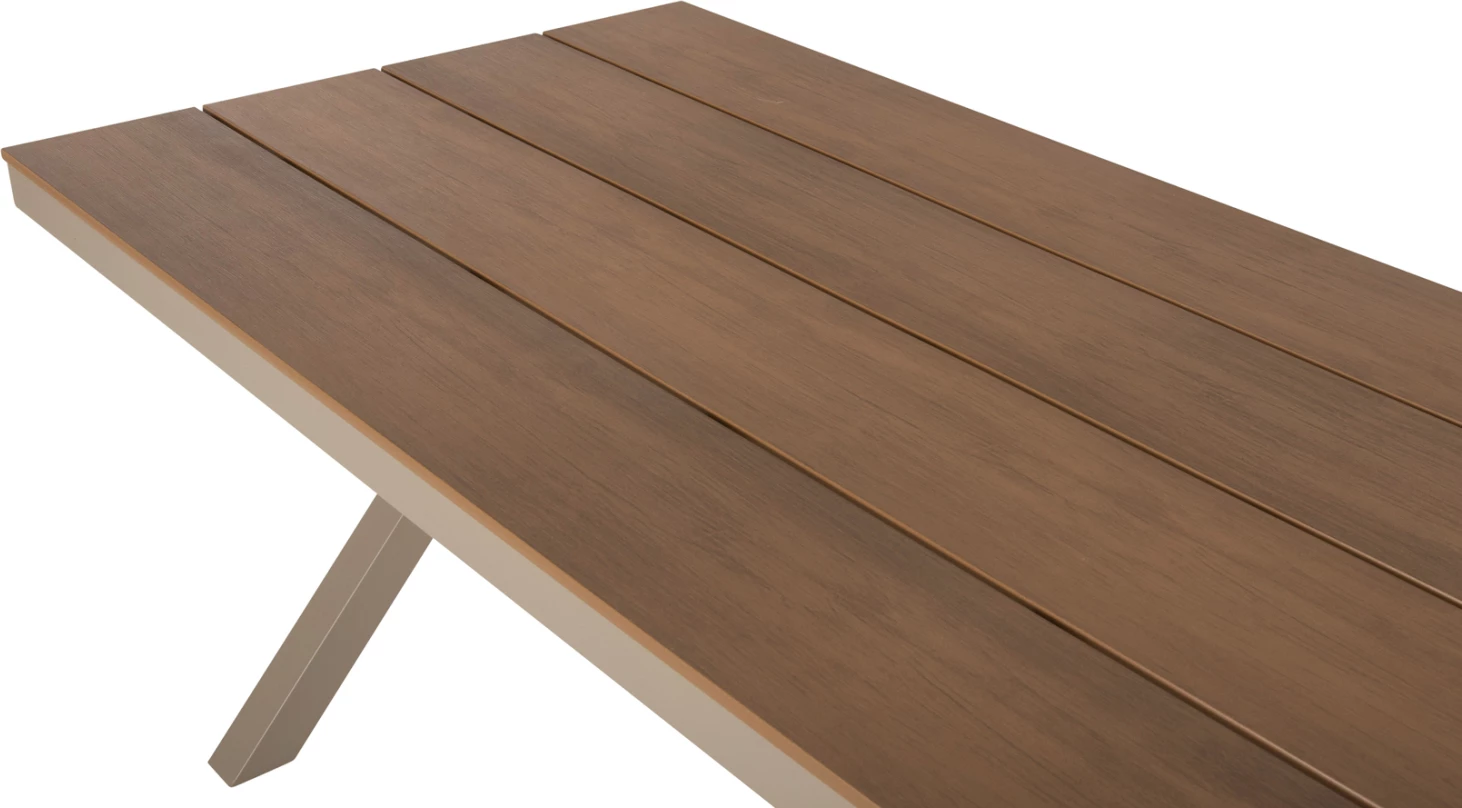 Tavolinë drejtkëndore alumini, TAWNEE, ngjyrë shampanjë, polywood ngjyrë druri natyral, 219.5x89.5x73H cm