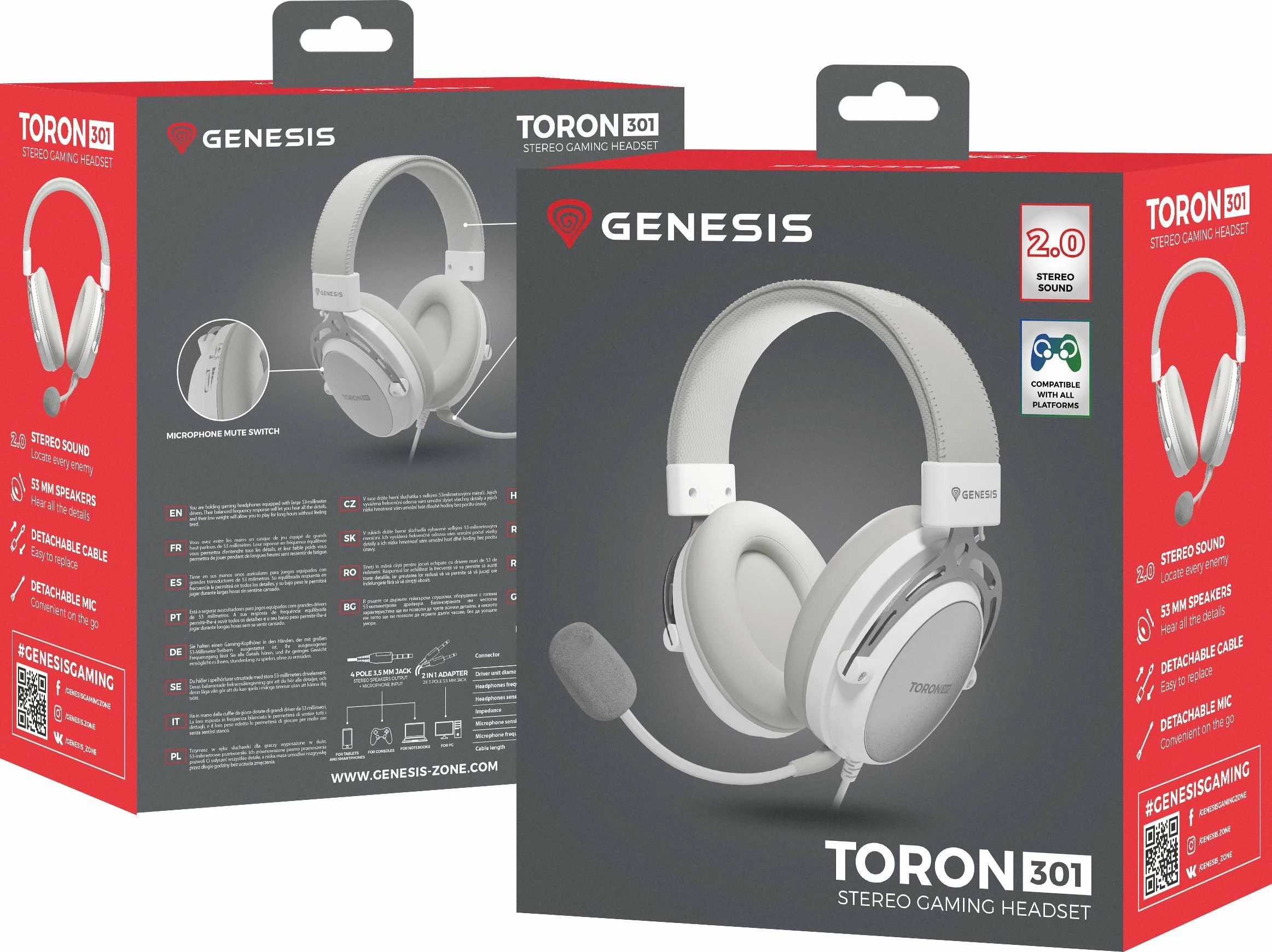 Kufje gaming GENESIS Toron 301 (NSG-2161), me mikrofon, 3.5mm, të bardha