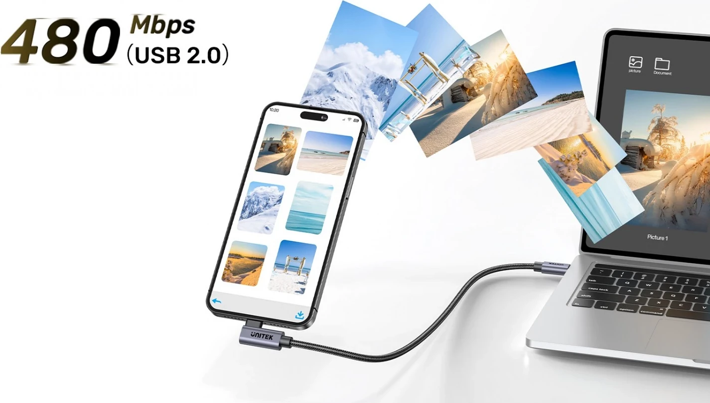 Kabëll USB-C Unitek, 90° PD100W, 1m, zi-gri