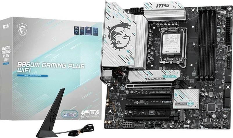 Pllakë amë MSI B860M GAMING PLUS WIFI, LGA1851, DDR5, micro ATX, Wi-Fi 7, E zezë/argjendtë
