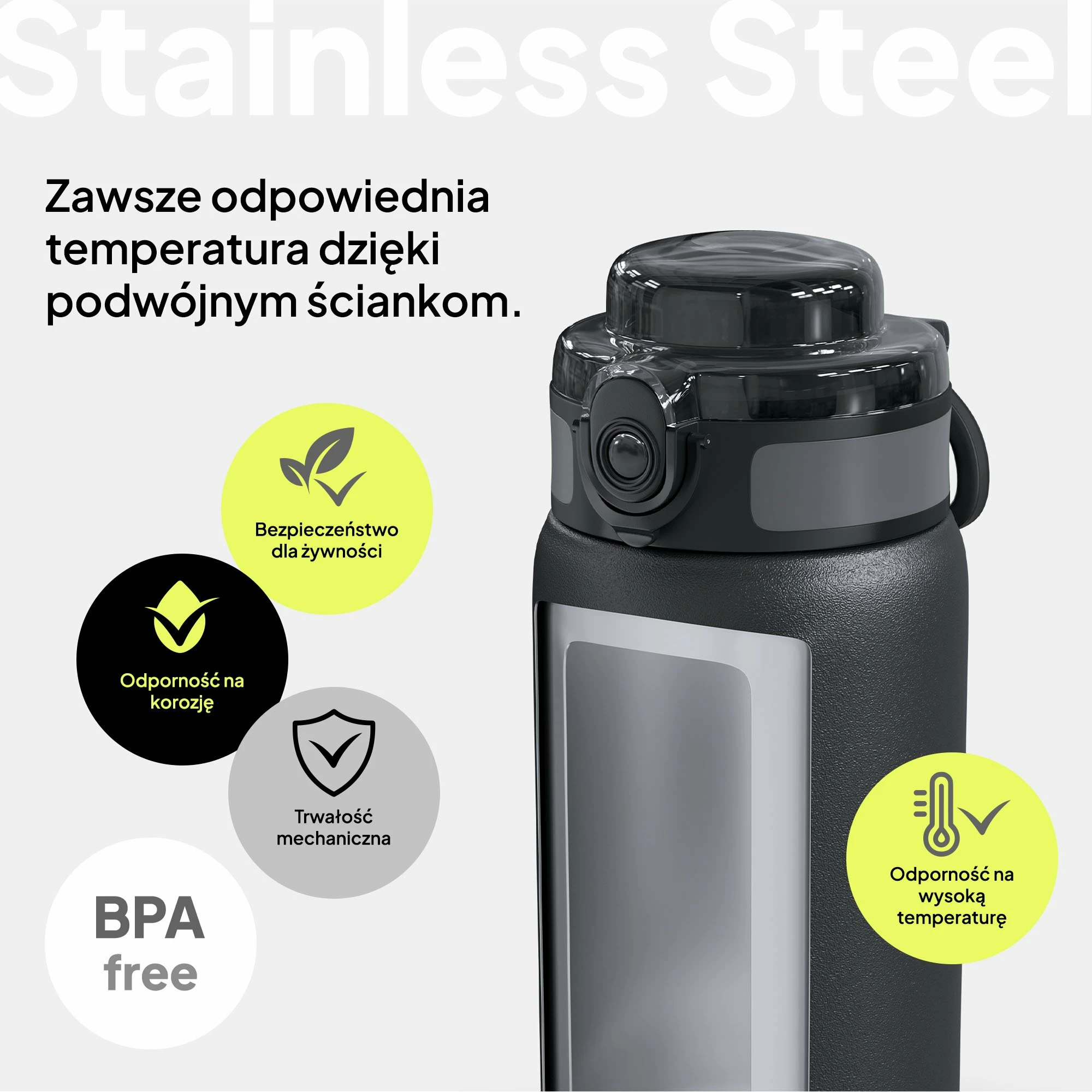 Shishe termike Zipro ZIPRO, 1000 ml, çelik inox 18/8, pa BPA, kundër-rrjedhjes, e zezë