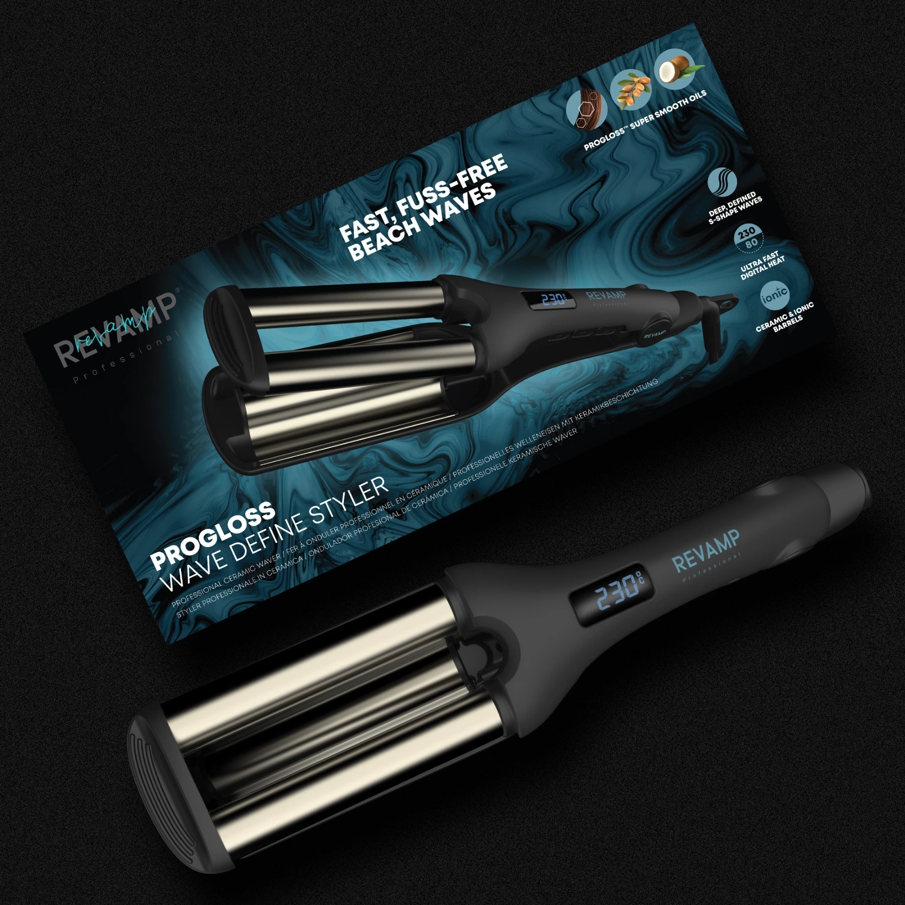 Hekur valëzues për flokë Revamp Progloss Wave Define WV-1750, triple 19 mm, 80–230°C, zi/argjendtë, me dorezë termike