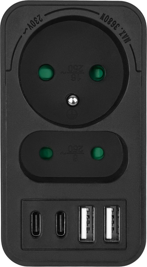 Shpërndarës prizë Maclean MCE249 F/B, 1x Schuko + 1x Euro, 2x USB-A 18W, 2x USB-C PD 20W, e zezë