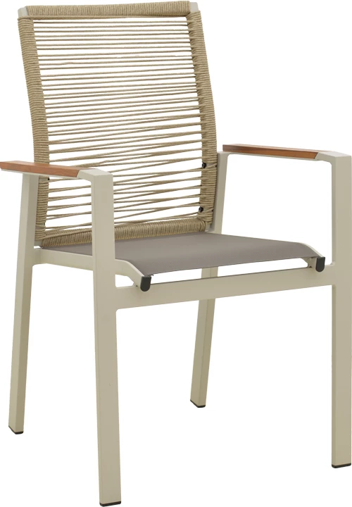 Karrige me krahë e grumbullueshme Aegean, alumin, litar krem, doreza teak, 57x64x87cm