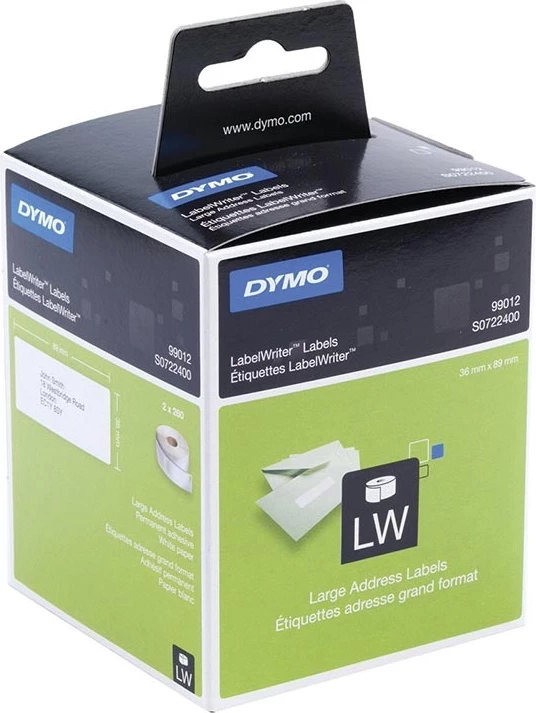 Etiketa adrese, Dymo, 99012 / S0722400, 89x36 mm, LabelWriter, bardhë, set dyfishtë