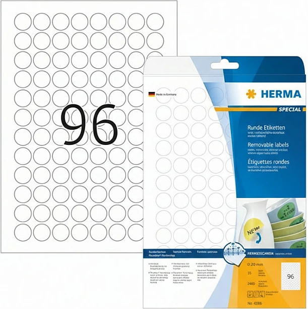 Etiketa rrethore HERMA SPECIAL 20 mm, A4, të bardha, të heqshme, 2400 copë
