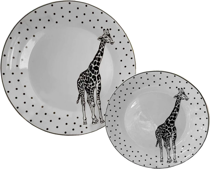 Set pjatash ëmbëlsirash AFRICA, 7 copë, porcelan New Bone China, bardhë e zi, 30x30x3cm