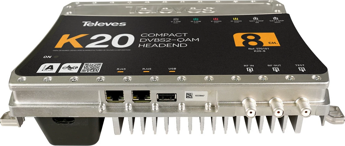 Headend digjital Televes K20-8, DVB-S2 në QAM, 8 kanale, 950-2150 MHz, 75Ω, zi/argjend