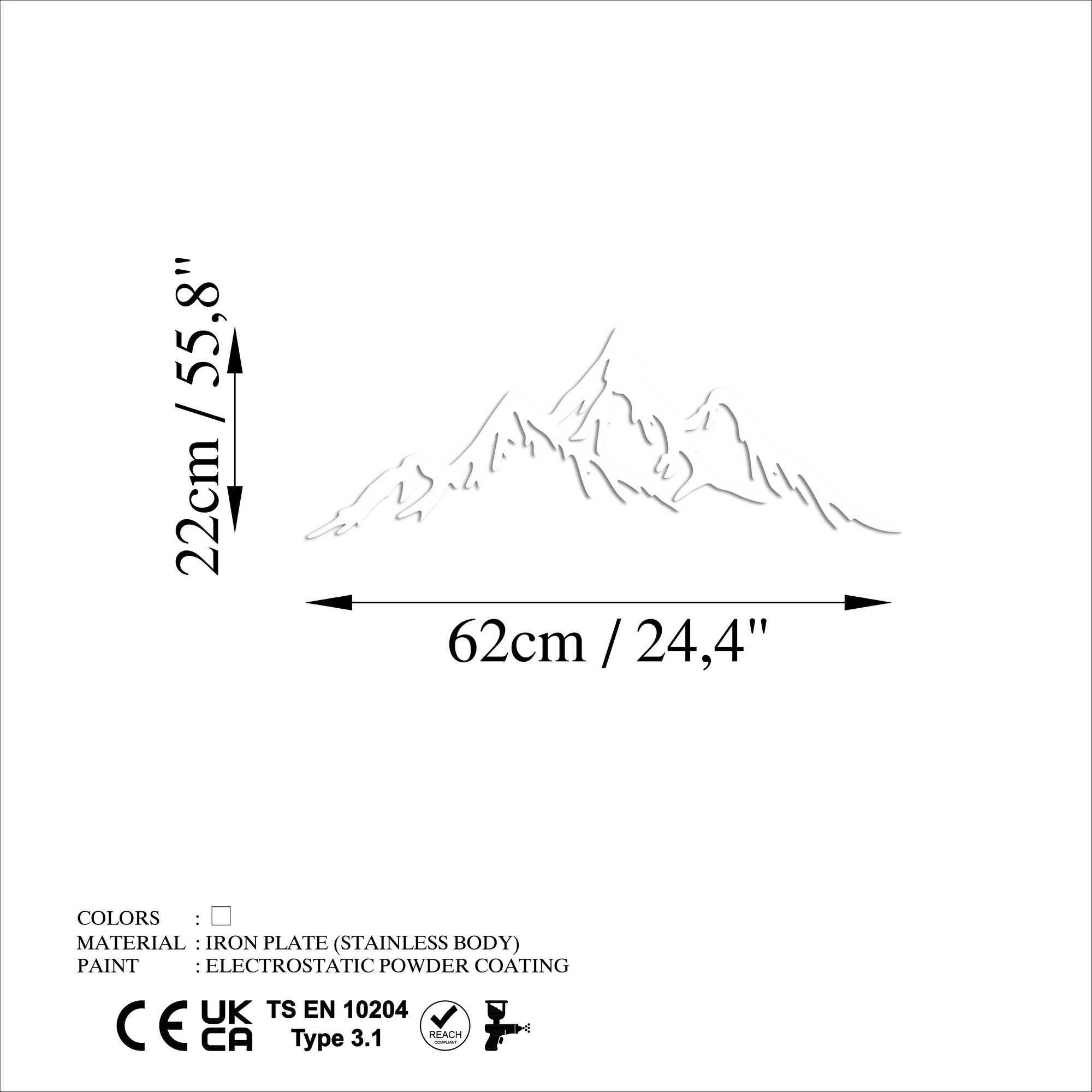 Aksesor dekorativ metalik për mur Wallity, male të plota dhe maja, 62x22cm, ngjyrë e bardhë
