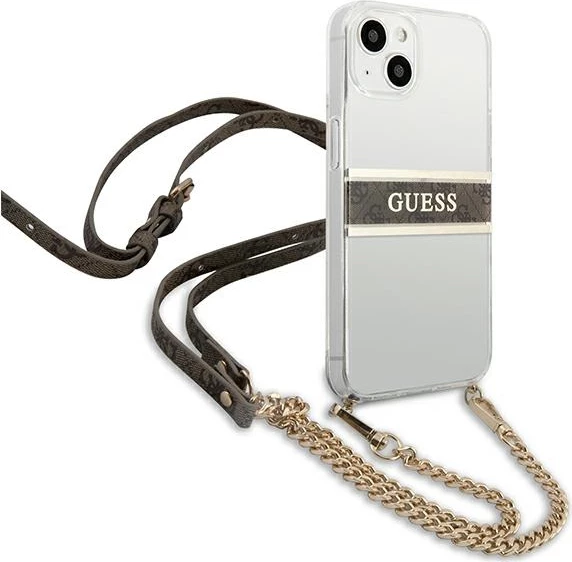 Mbështjellës Guess GUHCP13SKC4GBGO për iPhone 13 mini 5.4", transparent, rrip kafe, zinxhir ari