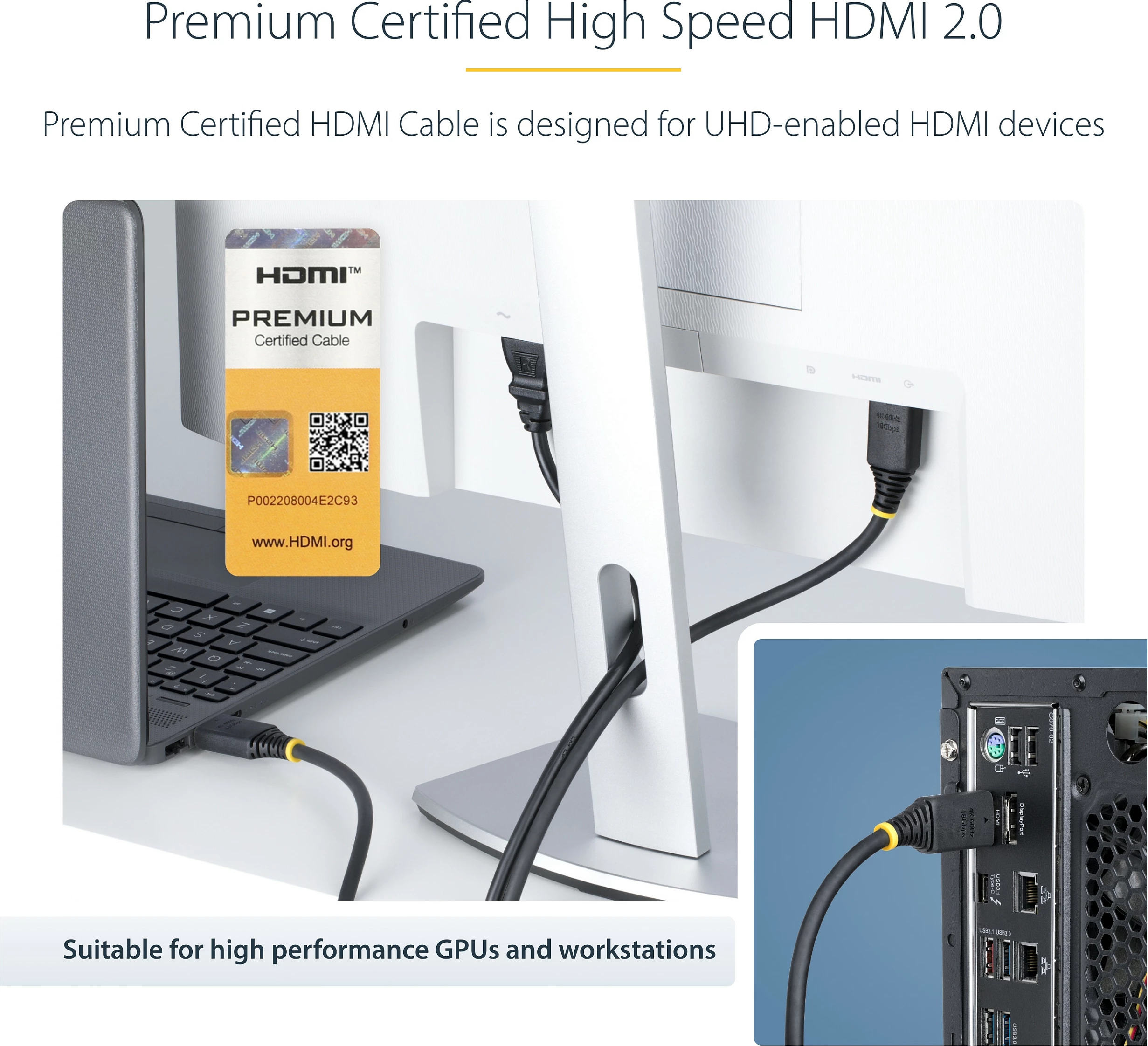 Kabllo HDMI StarTech Premium Certified, HDMI 2.0, 0.5m, 18Gbps, 4K 60Hz, e zezë
