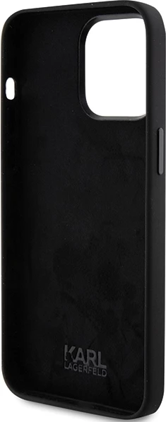 Mbështjellës Karl Lagerfeld Silicone Choupette Metal Pin për iPhone 15 Pro Max, i zi
