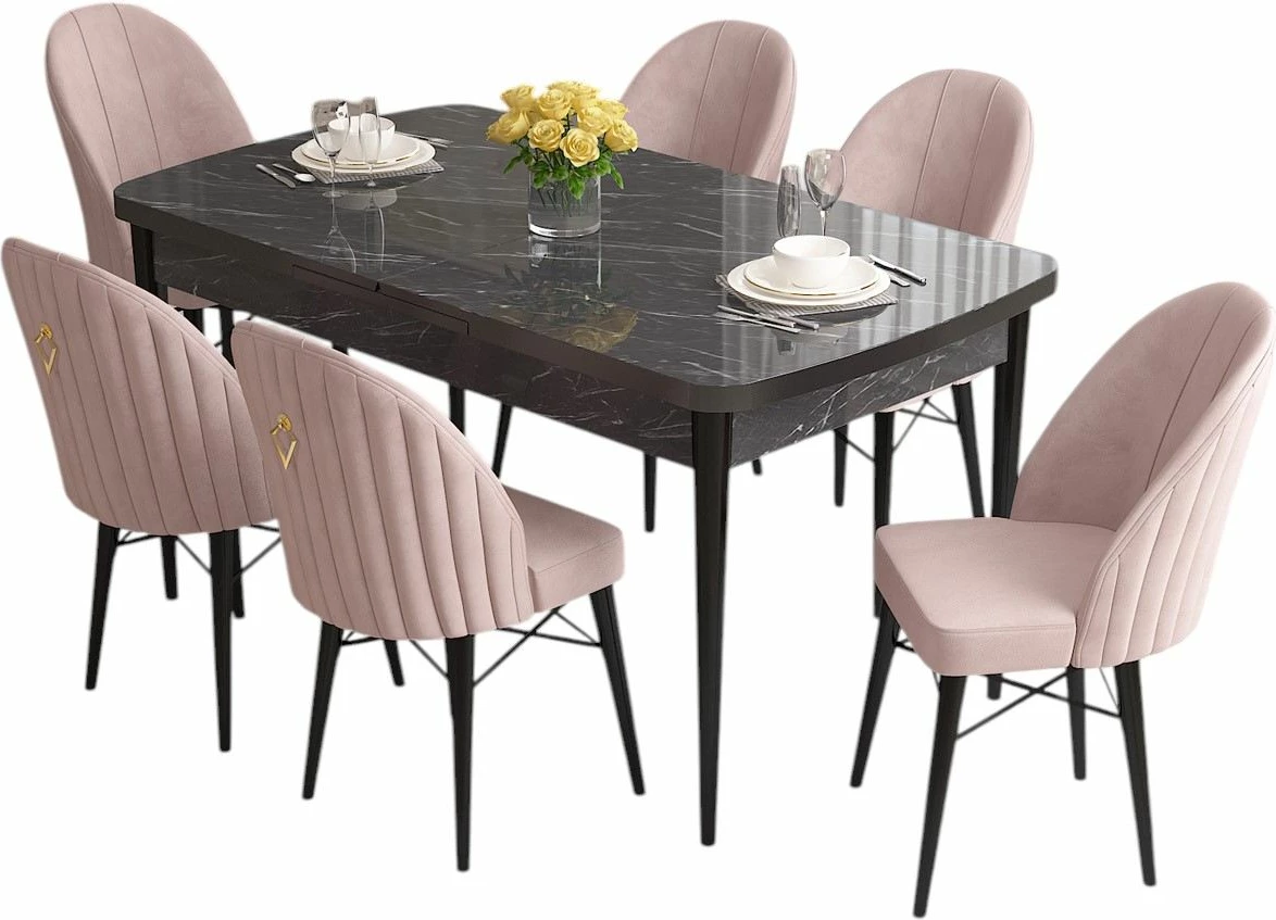 Set tavoline me karrige për ngrënie, e zgjatshme, Skye Decor, 7 copë, mermer i zi, rozë