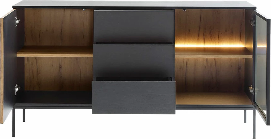 Komodë anësore MYSTERY, 2 dyer, 3 sirtarë, ngjyrë natyrale e errët/zezë, 154x39x83cm