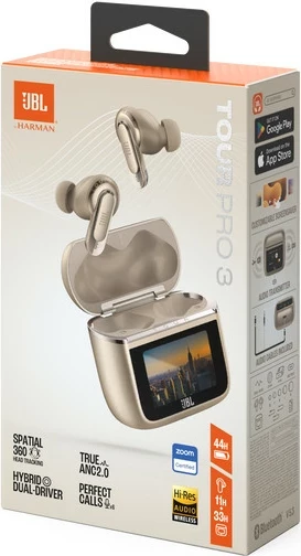 Kufje JBL Tour Pro 3 TWS, Bluetooth, ANC, Smart Charging Case me ekran prekje, Spatial 360, Hi-Res, Latte