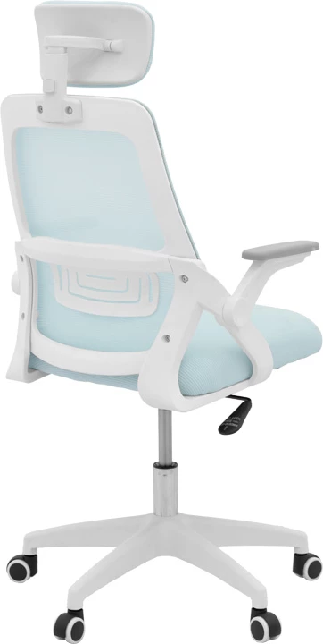 Karrige zyre Peja, material rrjetë, ngjyrë kaltër e çelët, kornizë e bardhë, 58x60x107-117cm