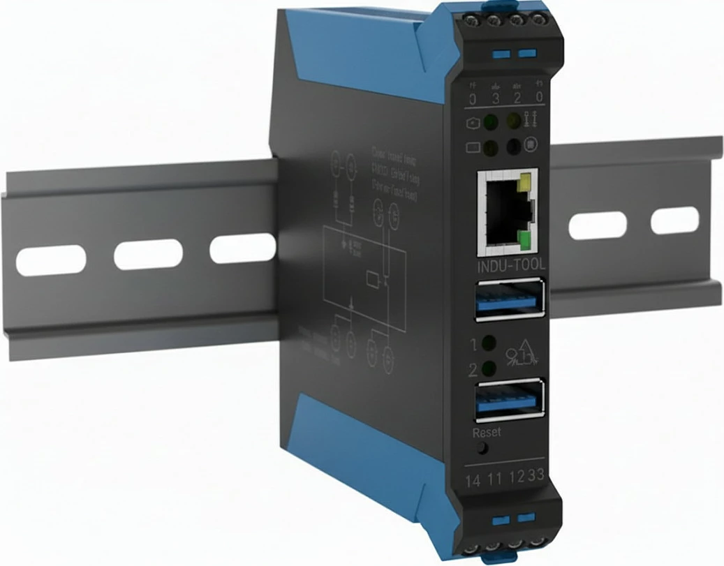 Device server SEH INU-100, Ethernet, 2x USB, montim shinë DIN, i zi/kaltër