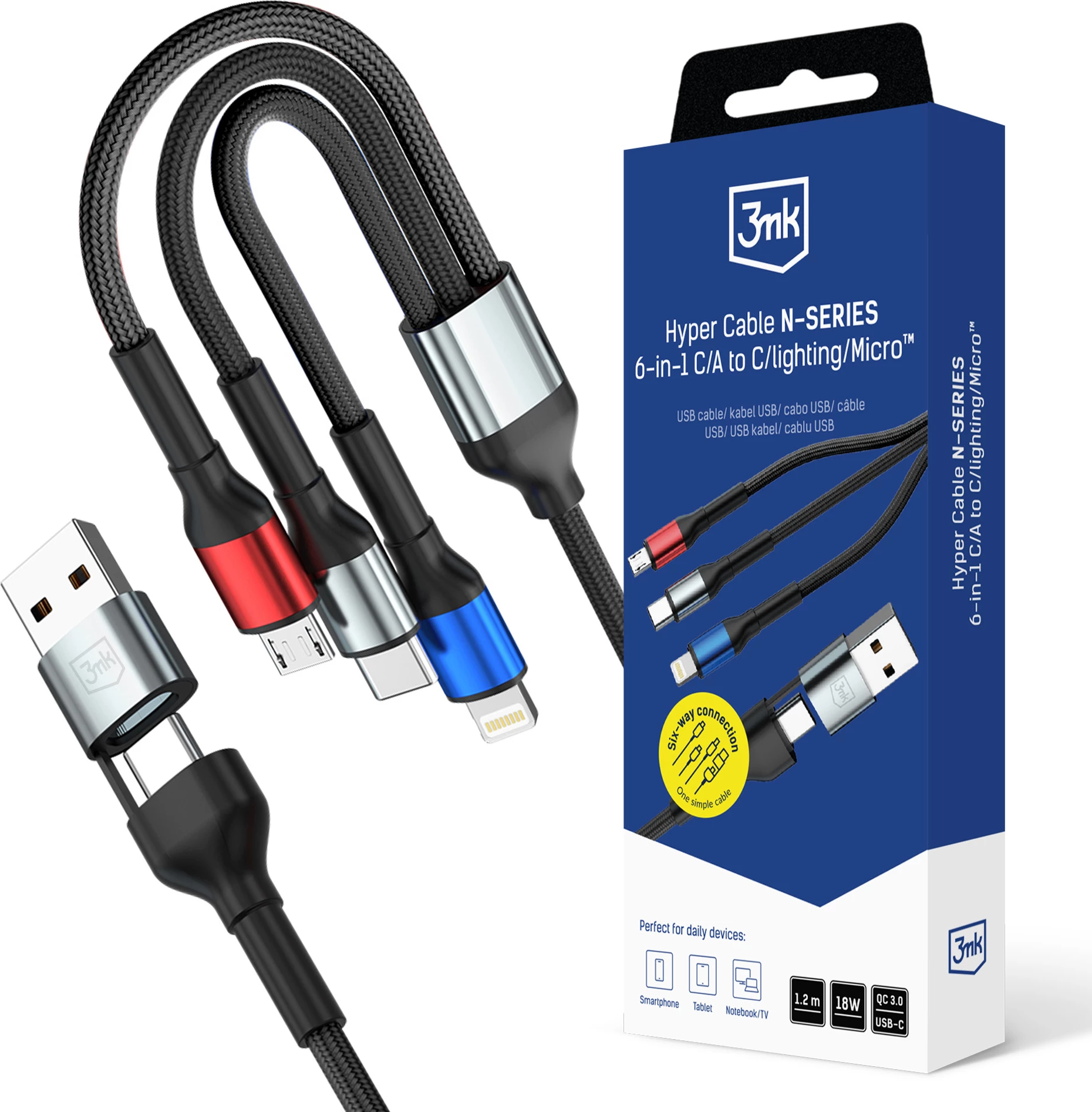 Kabllo karikimi 3mk Hyper Cable N-SERIES 6-në-1 1.2m QC 3.0 18W (USB-A/USB-C në USB-C/Lightning/Micro USB) e zezë, 1 copë