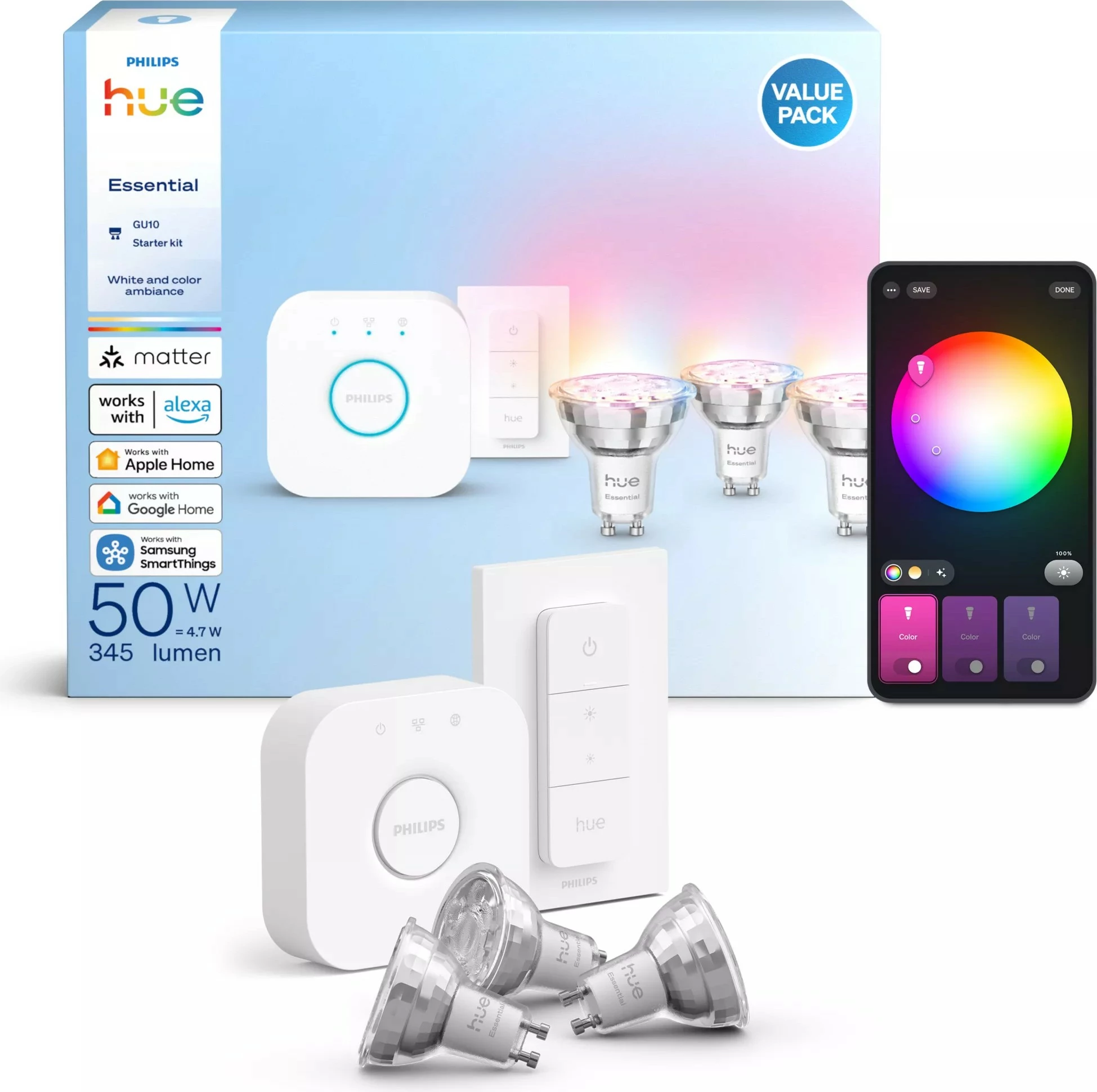 Set ndriçimi i mençur Philips Hue Essential GU10 3 llamba + Switch + Bridge V2