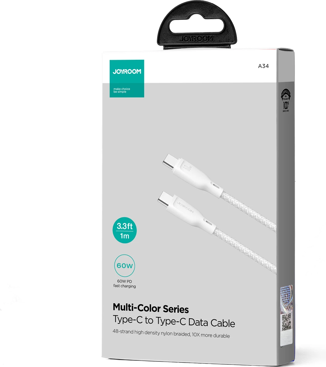 Kabllo USB-C në USB-C Joyroom Multi-Color Series S-A34, 1m, 60W, Bardhë