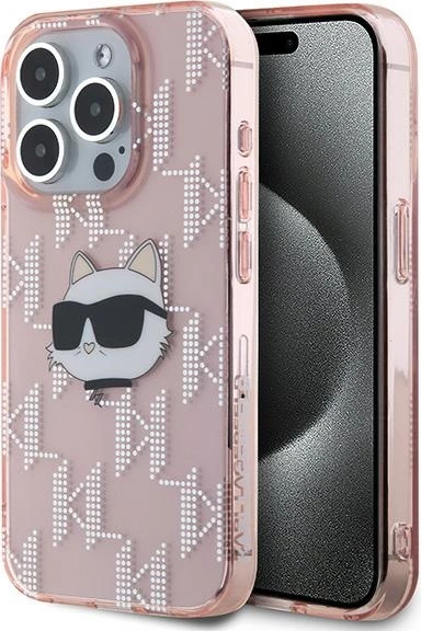 Mbështjellës Karl Lagerfeld IML Choupette Head & Monogram për iPhone 15 Pro Max, rozë