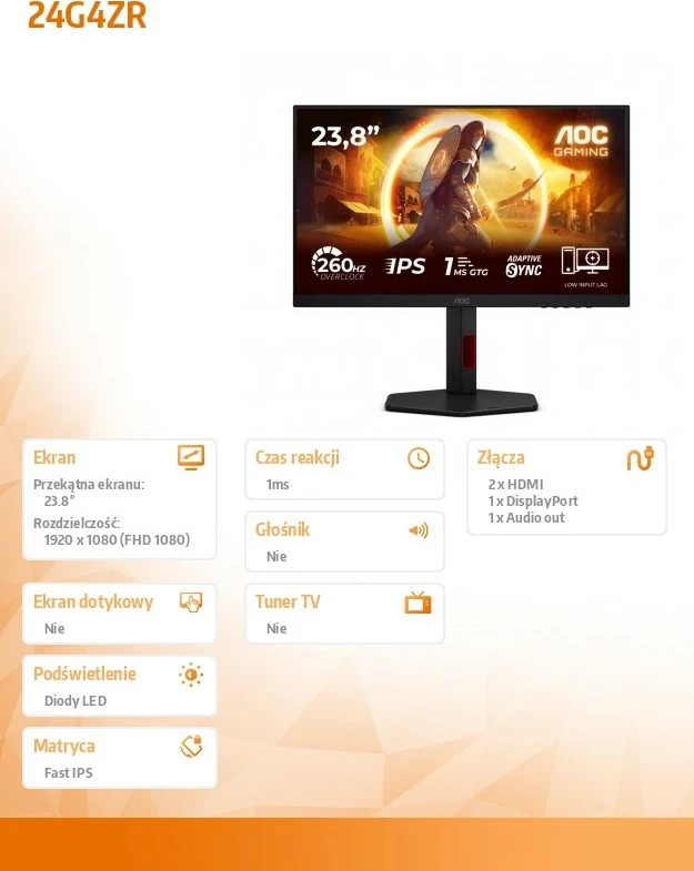 Monitor gaming AOC 24G4ZR 23.8\" FHD Fast IPS 240Hz (260Hz OC) 1ms, Pivot, i zi, me kabllo HDMI 1.8 m + DisplayPort 1.8 m