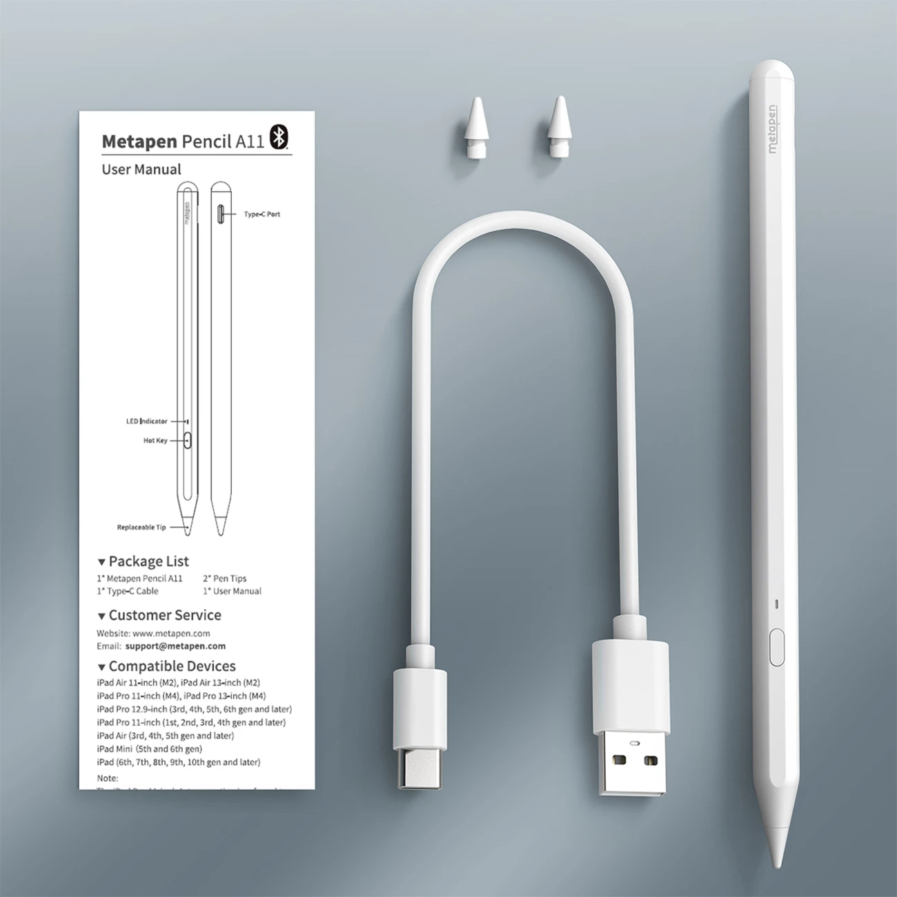Stylus për iPad, Metapen Pencil A11, Bluetooth, USB-C, deri 10 orë, magnetik, e bardhë