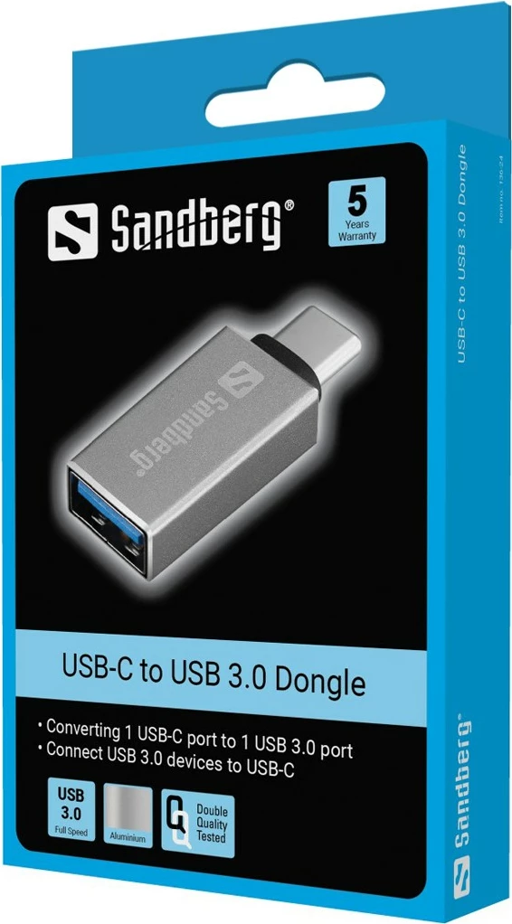Dongle USB-C në USB 3.0 Sandberg, USB 3.2 Gen 1 (3.1 Gen 1) Type-C, USB 3.2 Gen 1 (3.1 Gen 1) Type-A, Argjend, Alumini