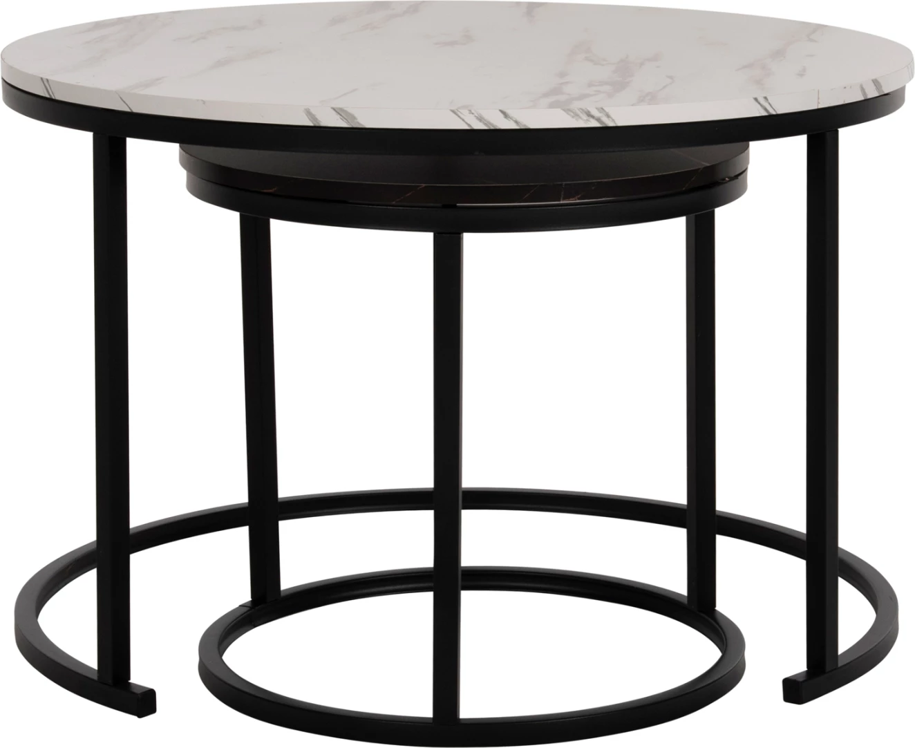 Tavolina kafeje FH8763.14 set 2 copë MDF pamje mermeri ngjyrë e përzier me këmbë të zeza Φ80-Φ48cm