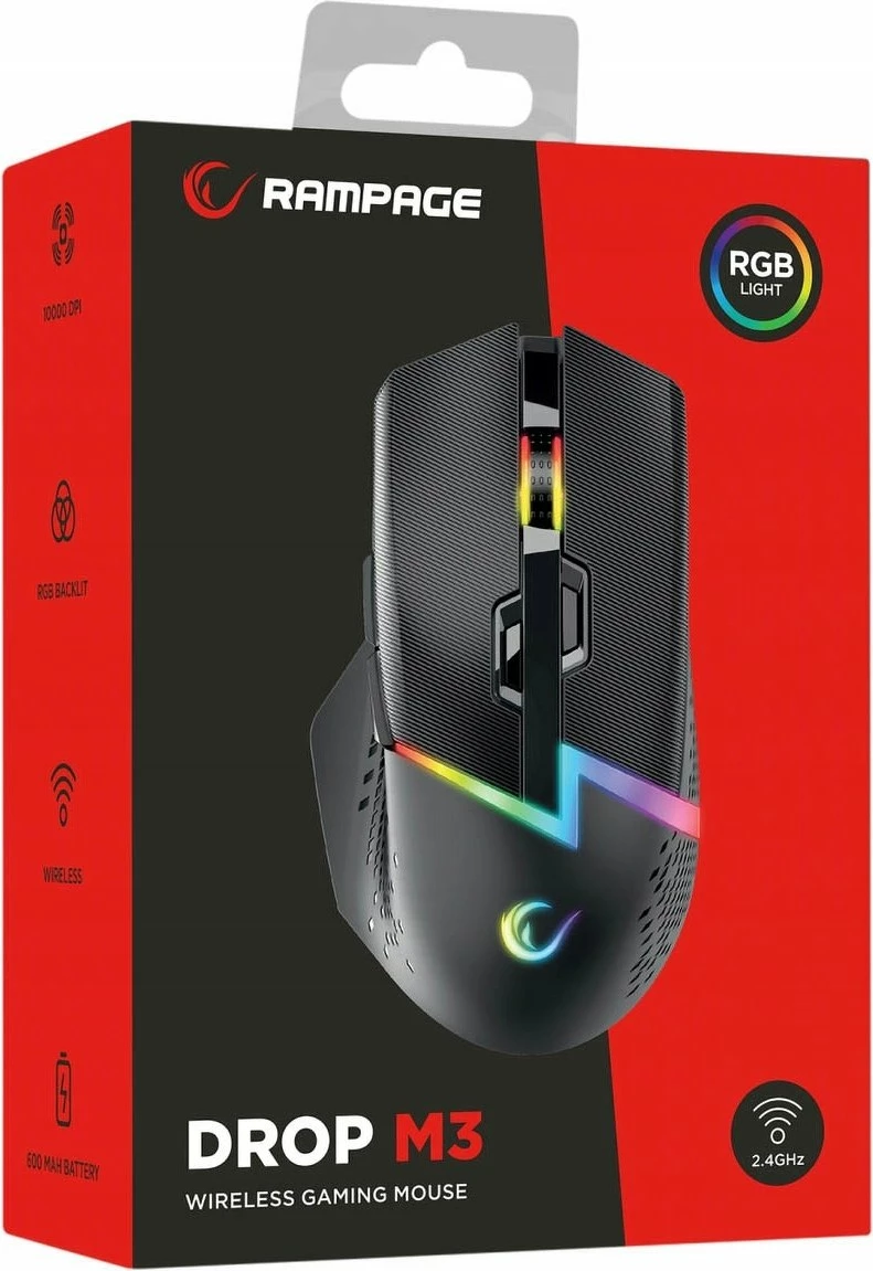 Maus gaming wireless Rampage Drop M3 V2 24000 DPI, Bluetooth/2.4 GHz, RGB, Black, set me kabllo USB-A në USB-C 1.2 m + adapter USB-A në USB-C + sliderë rezervë