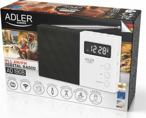 Radio digjitale PLL Adler AD 1908 AM/FM, Bluetooth 5.0, USB/SD, 20 memorje stacionesh, bateri 800 mAh, e bardhë