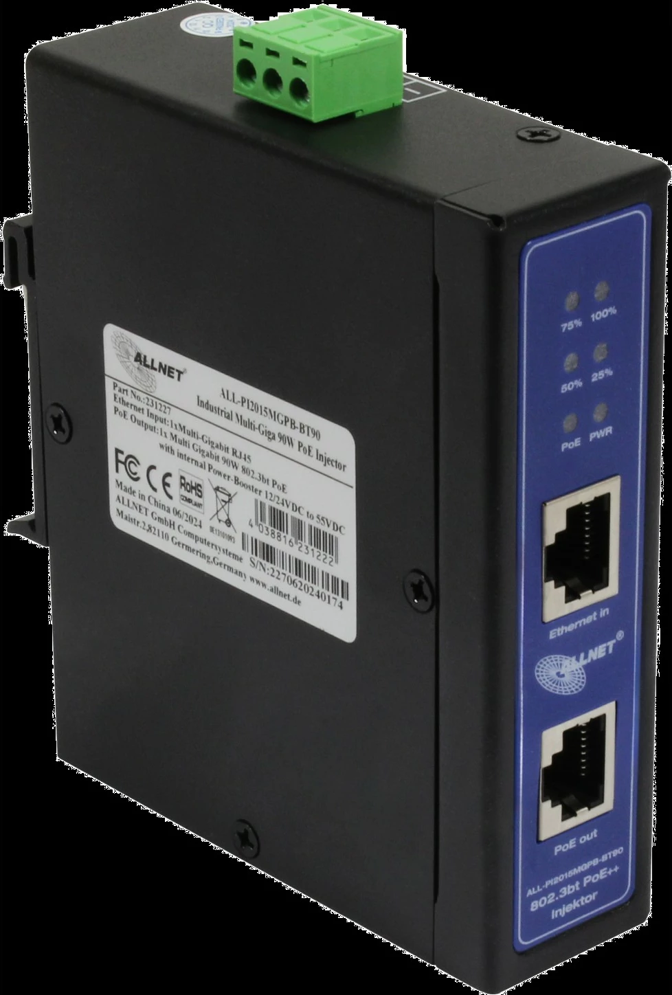 Injektor PoE ALLNET ALL-PI2015MGPB-B, MultiGigabit, metal