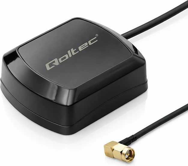Antenë GPS/GLONASS omnidireksionale Qoltec 57057, 28 dBi, RHCP, bazë magnetike, SMA këndor, 50Ω, jashtë, e zezë
