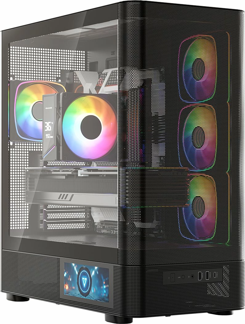 Kasë Modecom Volcano AQ400 ARGB (MC-A-AQ400-4FA-B) Midi Tower ATX/mATX/ITX, ekran LCD, 4x120mm ARGB, USB-C, e zezë