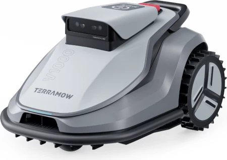 Robot kositës bari TERRAMOW V1000, 1200 m², AI TerraVision 2.0 (3 kamera), Wi‑Fi/4G, IPX6, gri, set me stacion karikimi